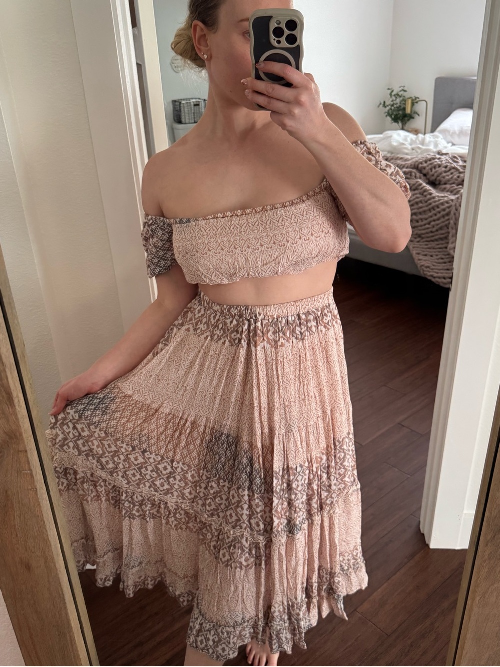 Vici Blush Pink & Taupe Printed Off-Shoulder two piece maxi skirt set